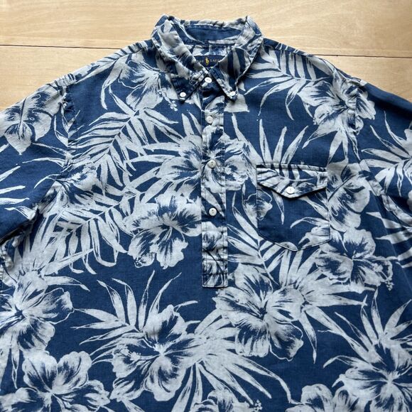 Polo Ralph Lauren Linen Shirt XL Blue Hawaiian Floral Summer Glam Loungewear - Picture 2 of 7
